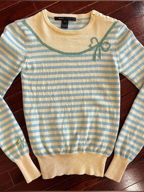 Marc Jacobs 100% Lambswool Striped Bow Sweater Blue Cream Coquette Prep Sz S